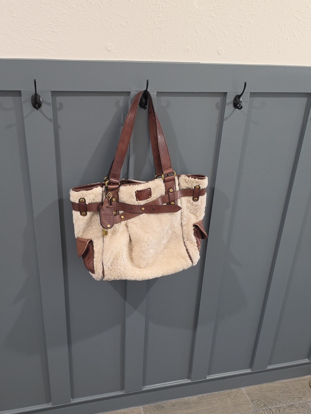 Fossil Cream Shearling Tote with Brown Leather Trim